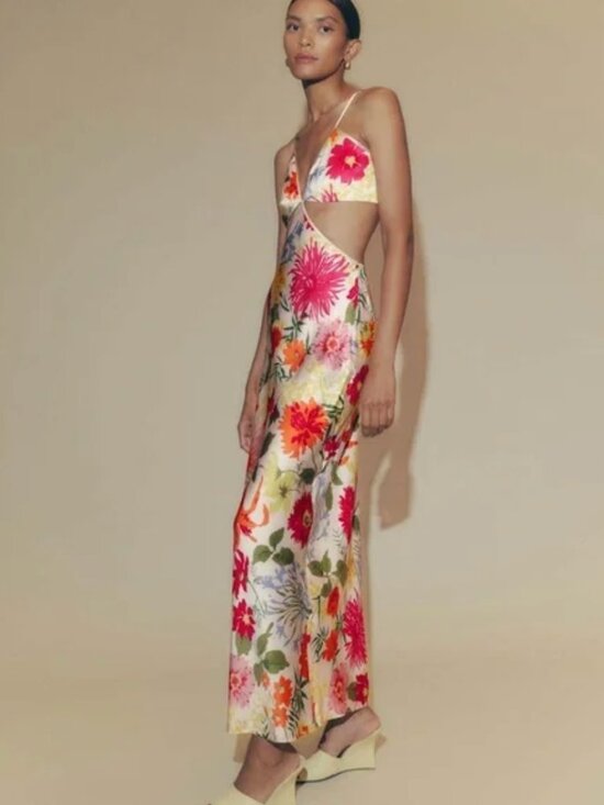 Reformation Poppies Silk Maxi Dress Fabrizia Floral Cutouts  Size 0 - Picture 2 of 3